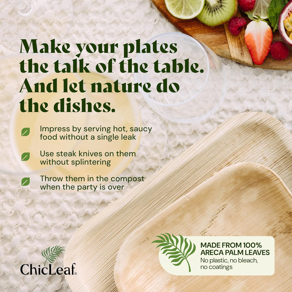 Chic Leaf Palm Leaf Compostable Plates Disposable - 6" Square, 50 Pack - Heavy-Duty Biodegradable, Disposable Party Bamboo Appetizer Plates - Party Serving Supplies