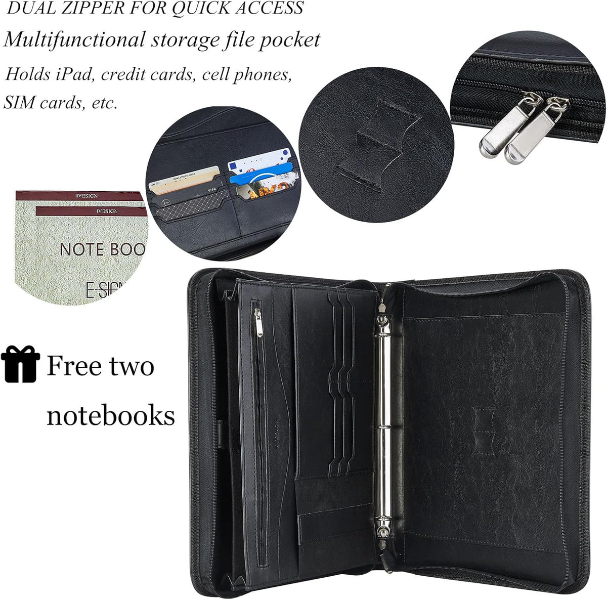 IVESIGN Zippered Padfolio Binder, Faux Leather Organizer with 3-Ring Binder, Left-Handed Design, Business Card Slots & Document Folders - Professional Padfolio for Office (Black)