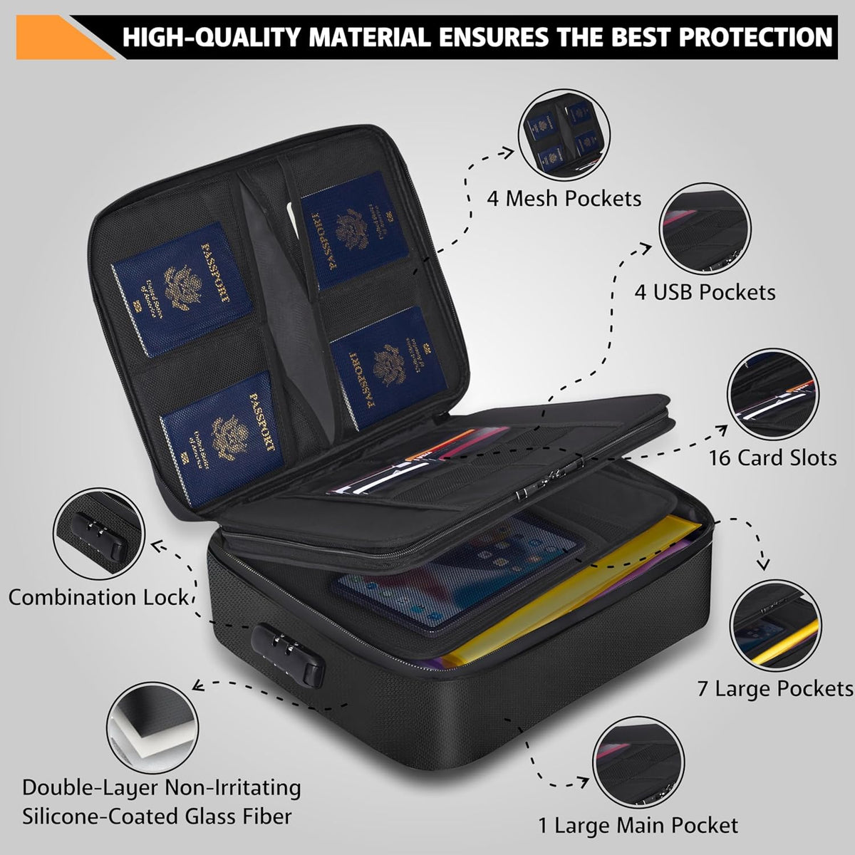 Fireproof Document Bag with Lock - 2000°F Heat Resistant & Waterproof Document Bag with 3 Layers, Portable Fire Proof File Box for Documents, Laptop, Passports & Certificates - Home & Travel - Black