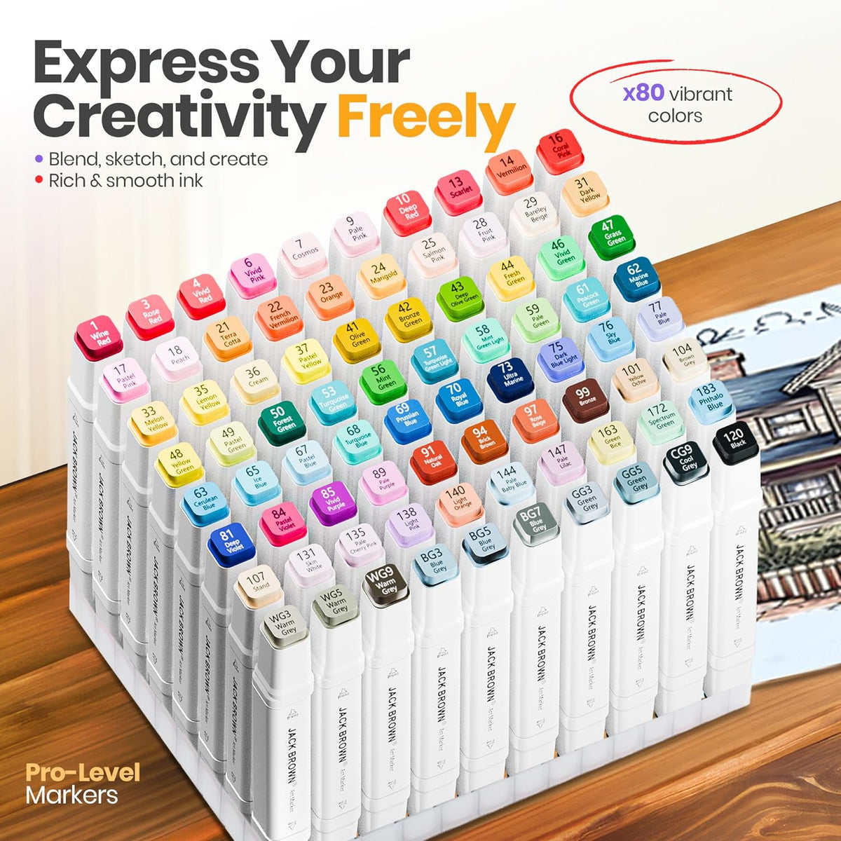 JACK BROWN 80 Colors Alcohol Markers Set with Fine & Chisel Dual Tip - Professional Art Markers for Adults & Kids, Perfect for Drawing, Sketching, Coloring & Animation - Includes Durable Marker Case