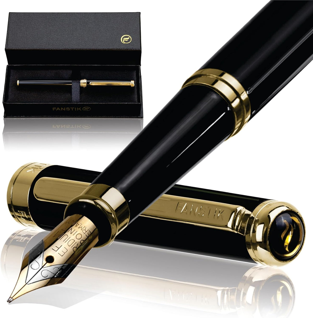 Black & Gold Luxury fountain pen (Made In USA) fancy gift set for women, Real 24K Gold Plating, Professional executive pen gift set for men (Lux fountain Black-Gold)