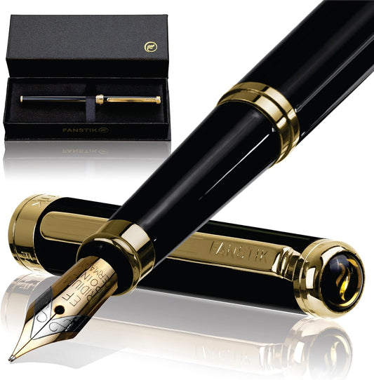 Customized Black & Gold Luxury fountain pen (Made In USA) fancy gift set for women, Real 24K Gold Plating, Professional executive pen gift set for men (Lux Custom-fountain Black-Gold)