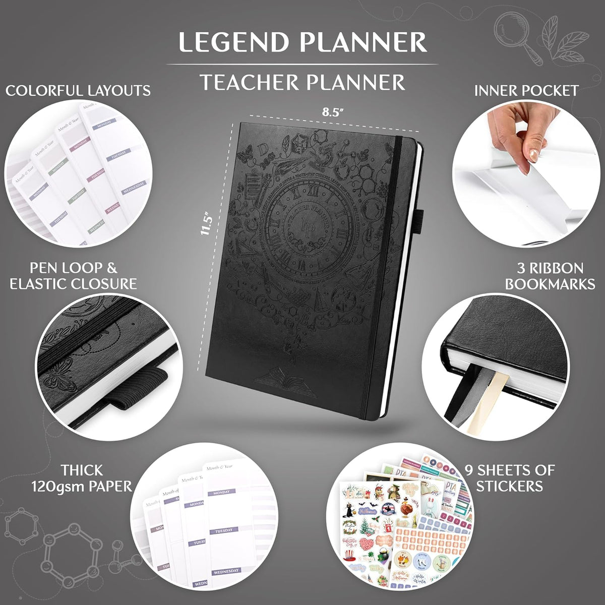 Legend Teacher Planner – Undated Lesson Plan Book for Teachers with Weekly & Monthly Calendars - Classroom Organization & School Year Planner – 8.5”x11.5” Hardcover (Black Debossed)