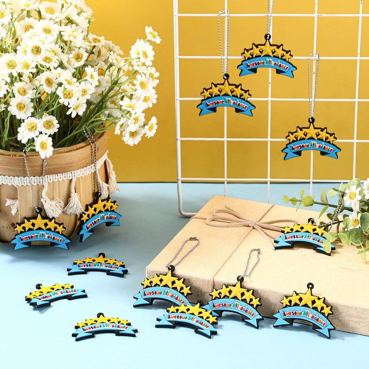 50 Pcs Awesome Attendance Silicone Tags with Chains, Motivational Brag Awards for Students, Classroom Incentives, Teacher Rewards, Reading Competition Prizes, Wearable Encouragement Gifts