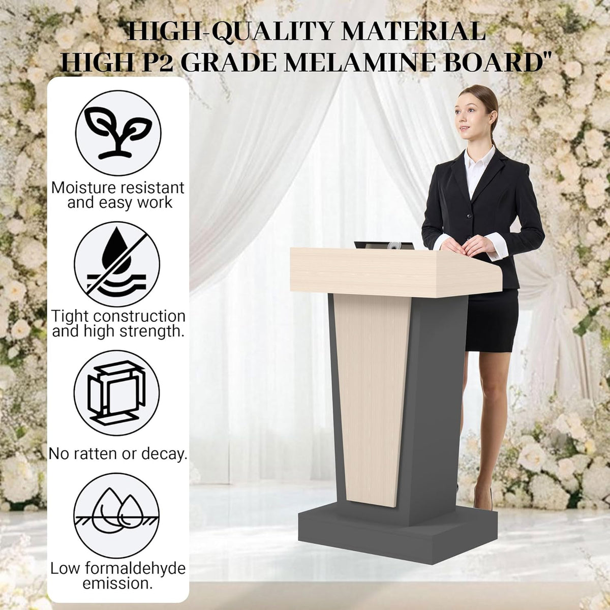 Wooden Podium Stand with Wheels, Stool and 2 Tier Storage, Lectern Presentation Church Classroom, 16MM Wood Board with Heavy Base (Black/Beige)