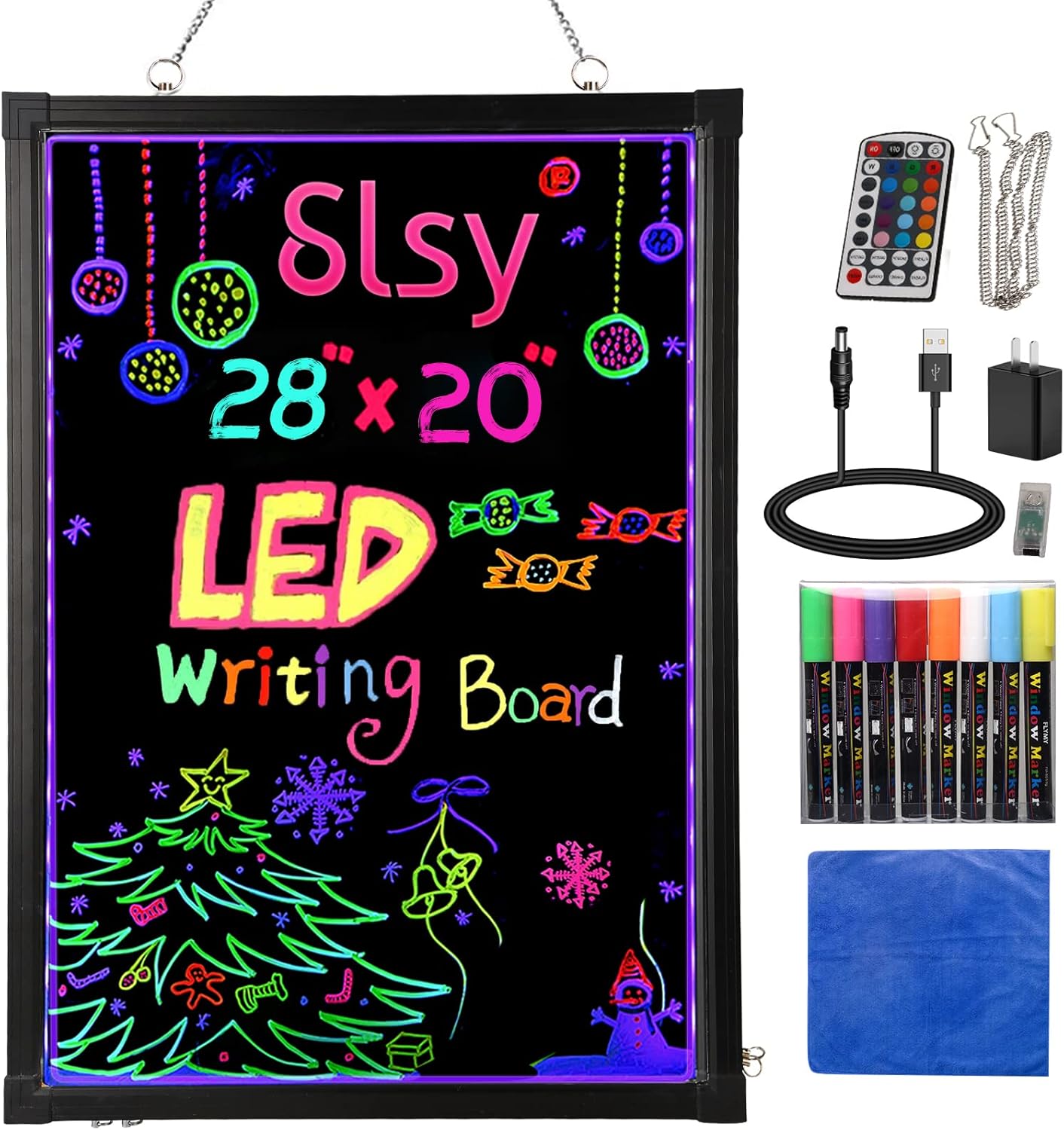Slsy LED Writing Board 24"x16", Illuminated Erasable Neon Message Sign with 8 Fluorescent Markers & 26 Flashing Modes, Light Up Menu Board for Restaurant, Bar, Cafe, Shop