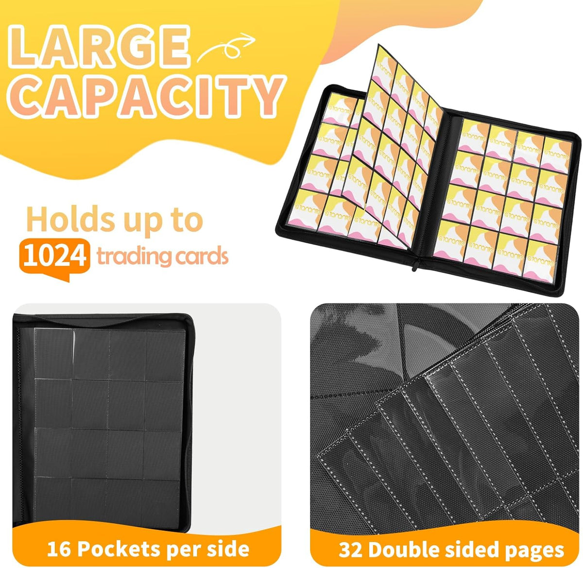 Premium 1000+ Pockets Trading Card Binder, 16-Pocket Ringless Side-Loading Album for TCG, MTG, Lorcana, Sports & Standard-Size Cards (Black2)