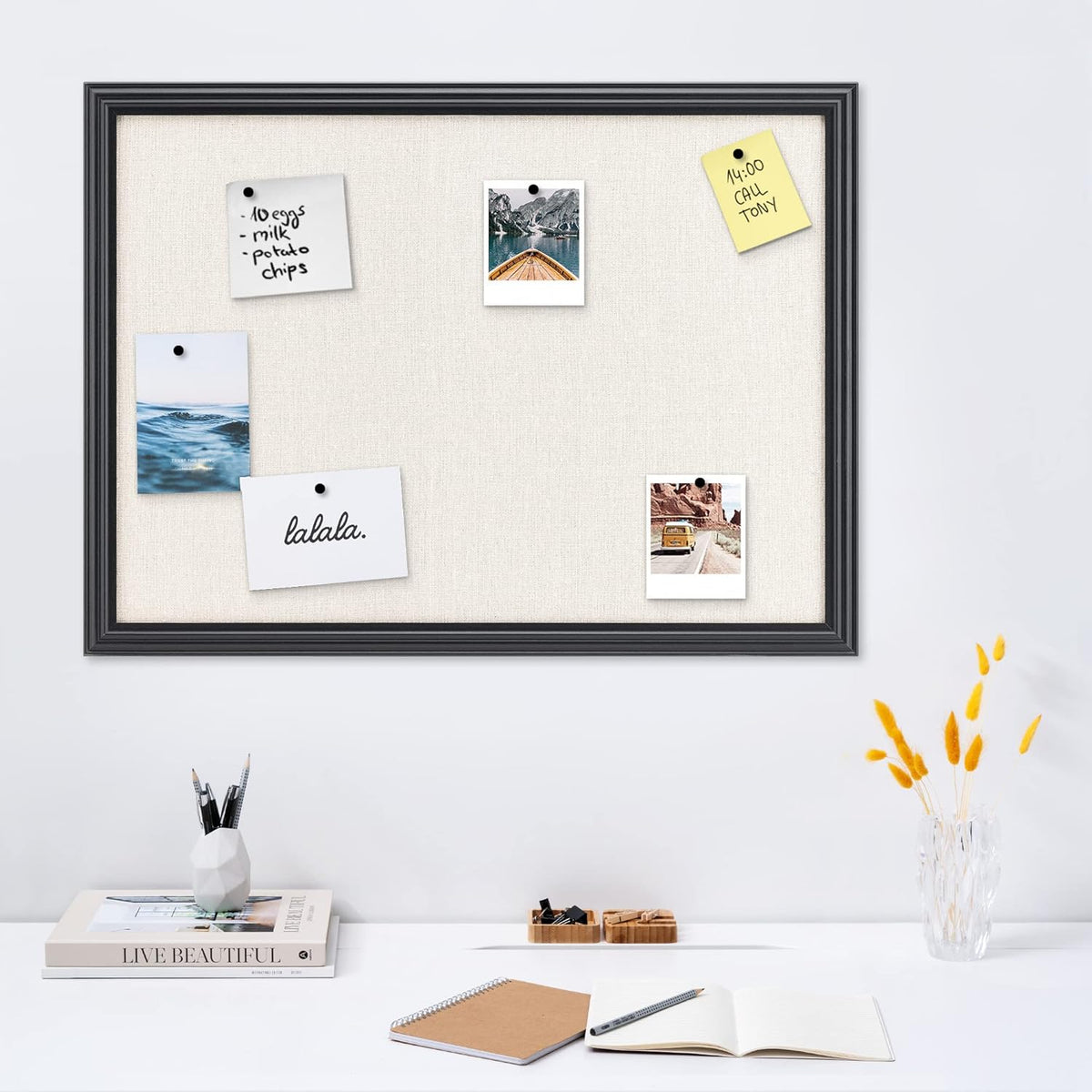 Navaris Framed Linen Bulletin Board - 17 x 23 inches Fabric Jewelry Organizer Pinboard for Wall Memory Memo Pin Board - Linen with Frame