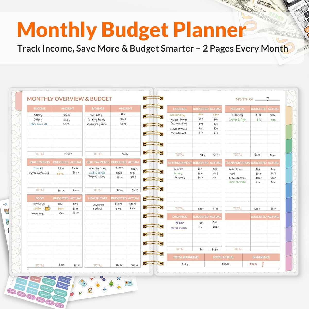 SUNEE Budget Planner - Deluxe Monthly Budget Book with 12-Pockets for Bill Organizer, Undated 12 Month Expense Tracker Notebook & Account Book B5 Size (8" x 10") to Manage Your Finance Planner, Green