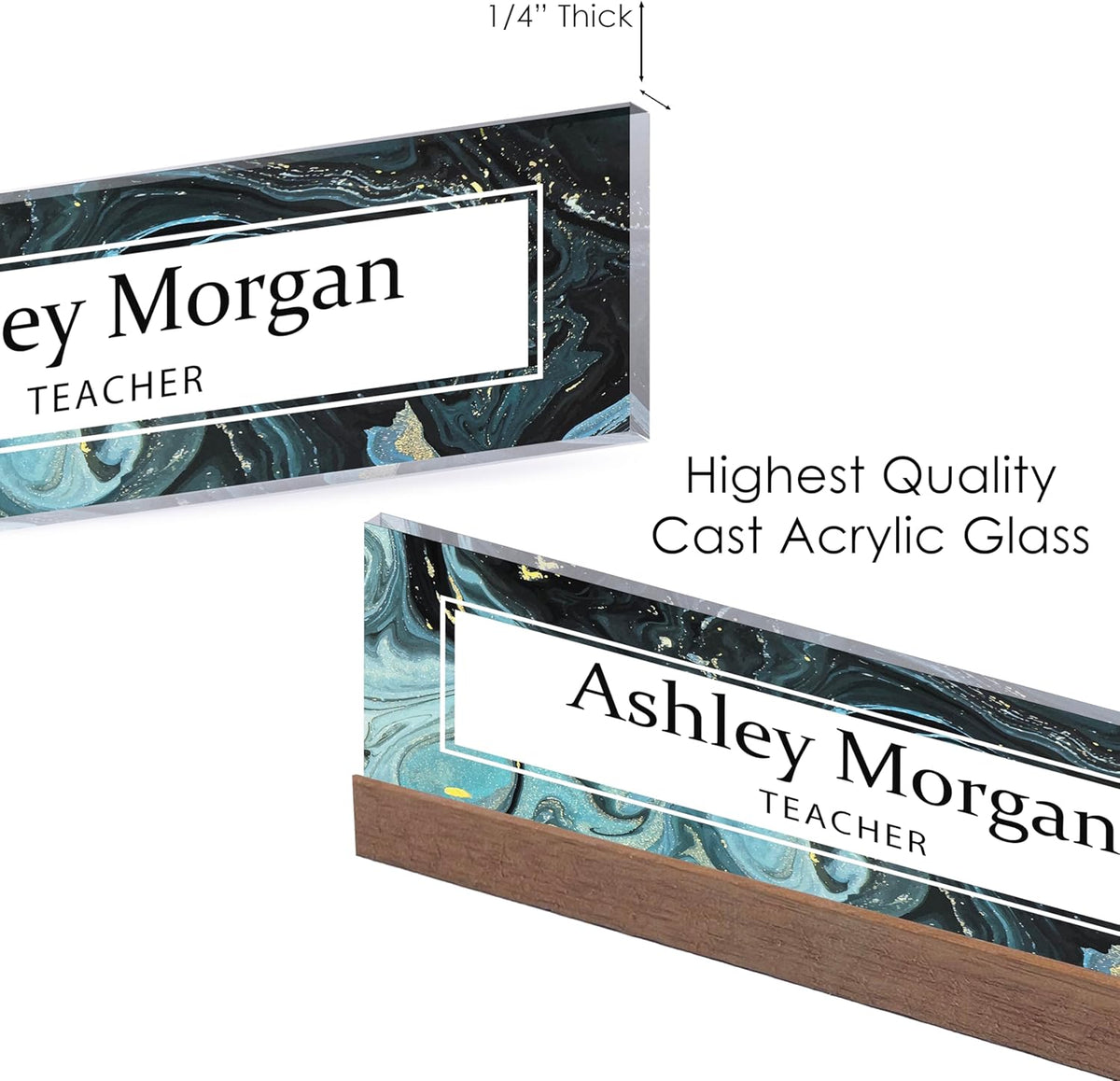 ARTBLOX | Office Personalized Name Plate Green Marble Design On Clear Acrylic Glass for Desk with Business Card Holder