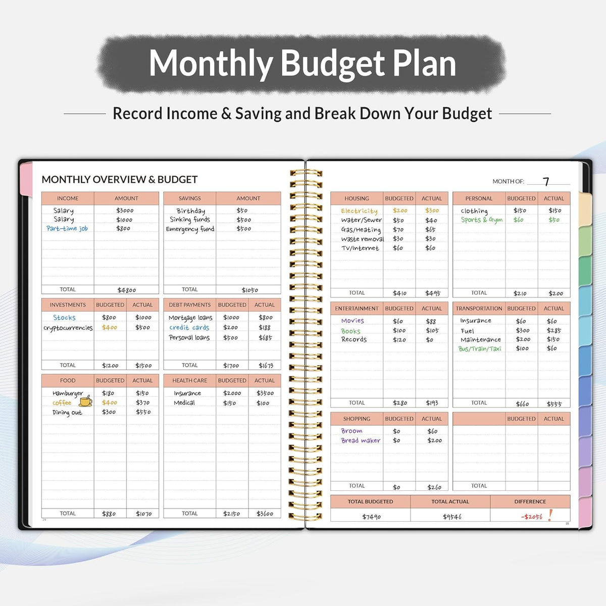SUNEE Budget Planner - Monthly Budget Book with Expense Tracker Notebook, A4(8.5" x 11") Undated 12 Month Bill Organizer & Finance Planner to Manage Your Money, Account Book with Colorful Tab, Black