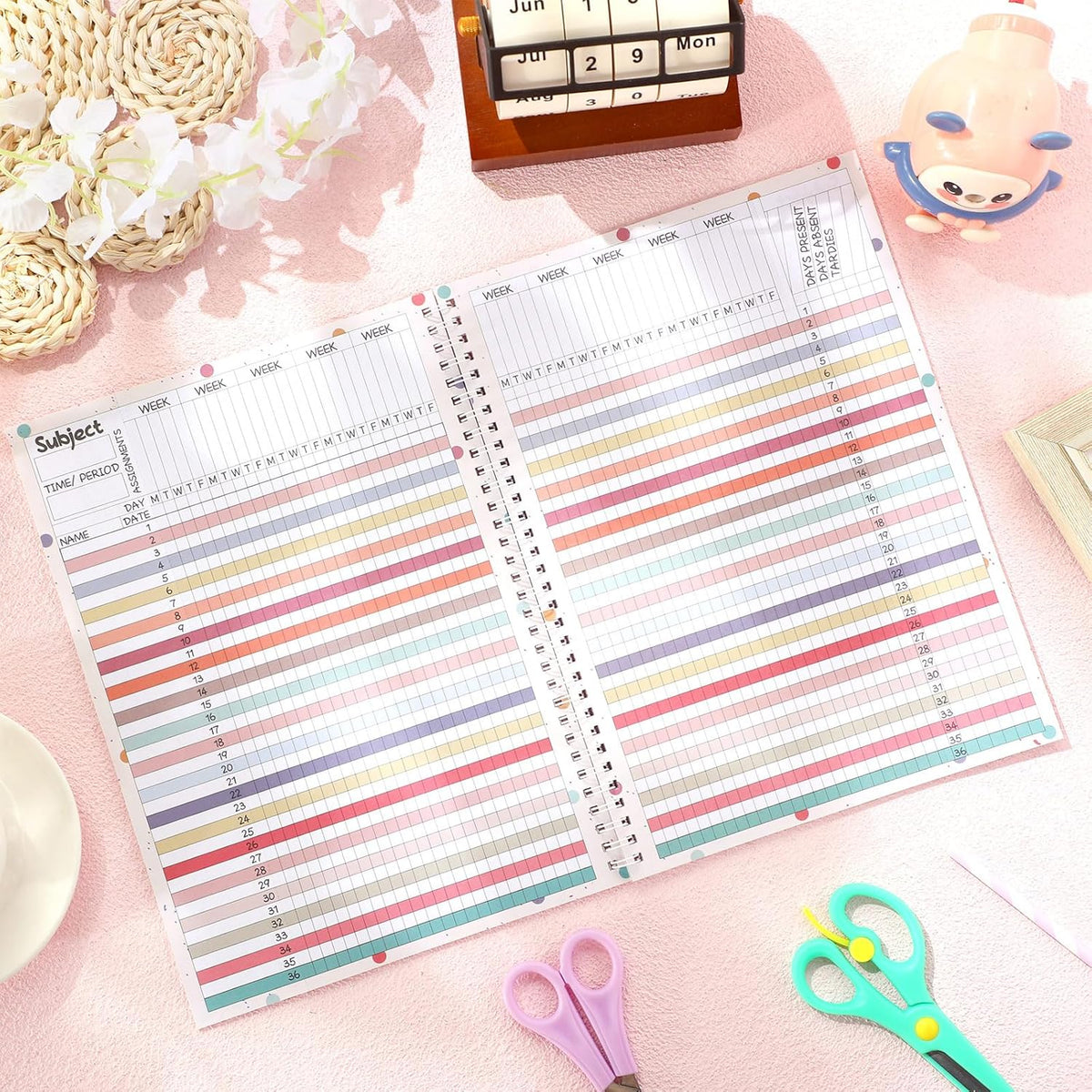 Teacher Record Book Teacher Grade Book Spiral Bound Record Class Gradebook Office Favors Gift for Classroom Attendance Supplies Decoration Double Sided Color Printing(Boho)