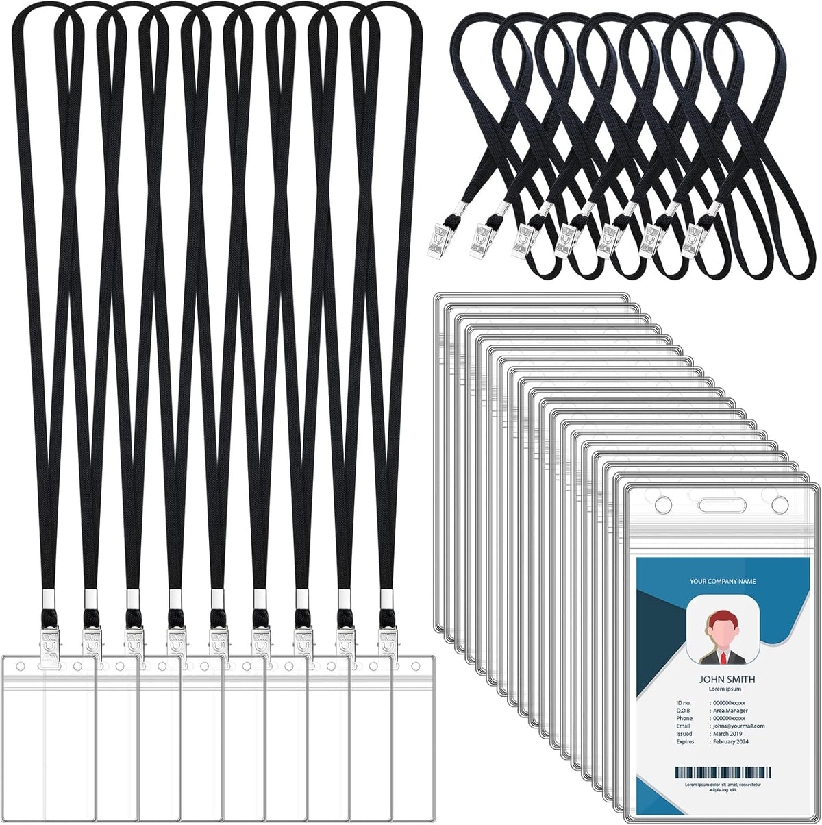 100 Sets Lanyards for Id Badges and Clear Plastic Vertical Name Badge ID Card Holders, Flat Neck Lanyards with Clip Waterproof Resealable Name Tag Badge ID Card Holders, Black
