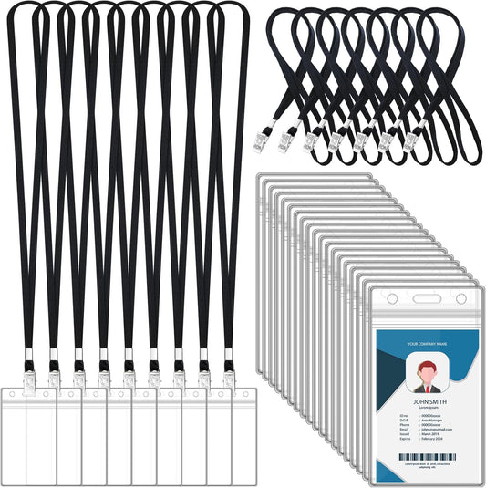100 Sets Lanyards for Id Badges and Clear Plastic Vertical Name Badge ID Card Holders, Flat Neck Lanyards with Clip Waterproof Resealable Name Tag Badge ID Card Holders, Black
