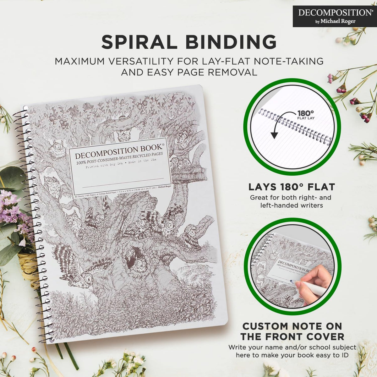 Decomposition Screech Owls College Ruled Spiral Notebook - 9.75 x 7.5 Journal with 160 Lined Pages - 100% Recycled Paper - Cute Notebooks for School Supplies, Home & Office - Made in USA