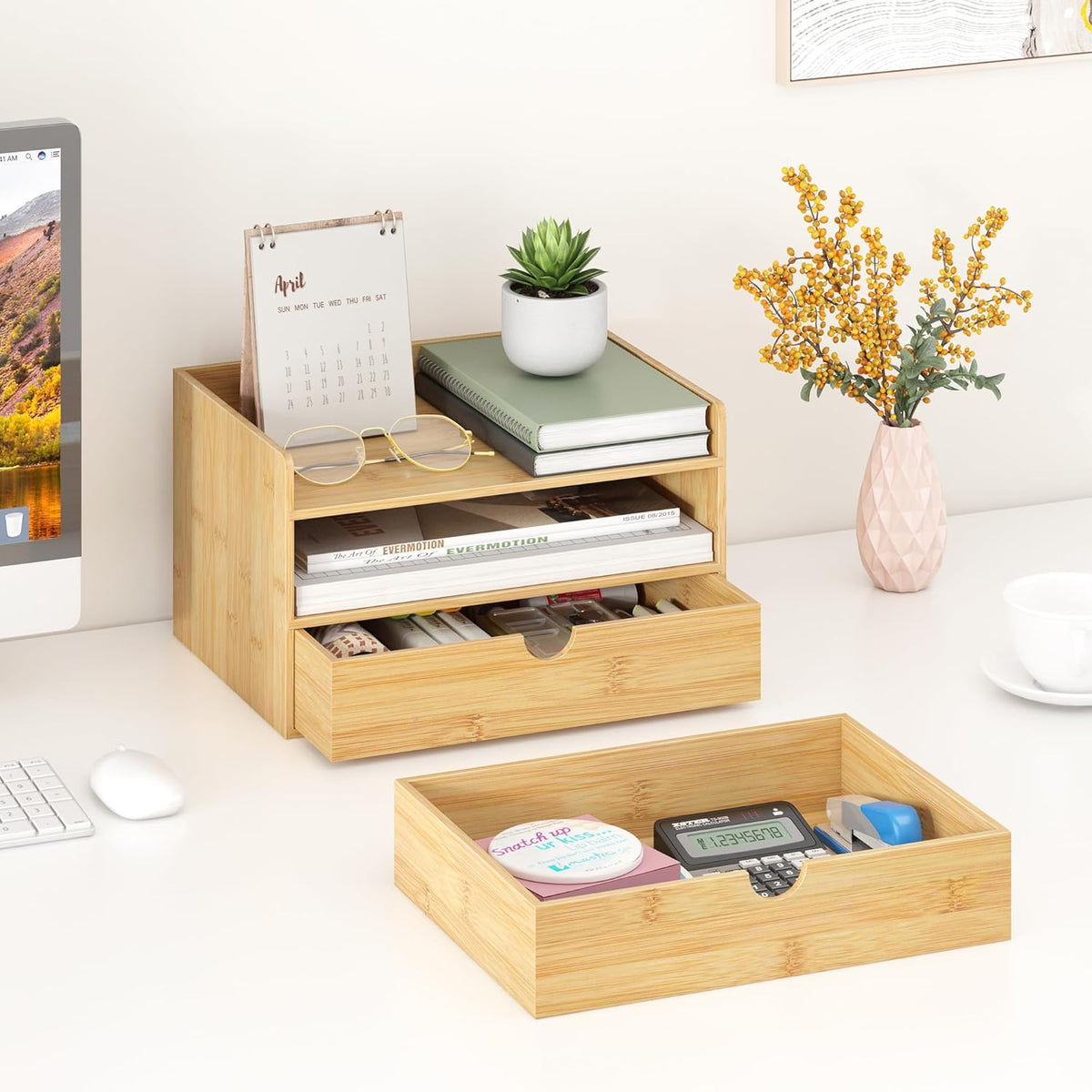 Wisuce Bamboo Desk Organizer - Mini Bamboo Desk Drawer Tabletop Cosmetic Storage Organization for Office or Home (Nature 2 Drawers)