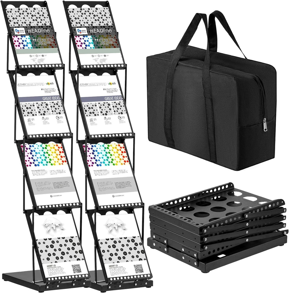 Tatuo 2 Pieces Foldable Magazine Rack Metal Catalog Literature Rack Portable 4 Pockets with Carrying Bag Brochure Stand Literature Display Holder Stand for Exhibition Trade Show
