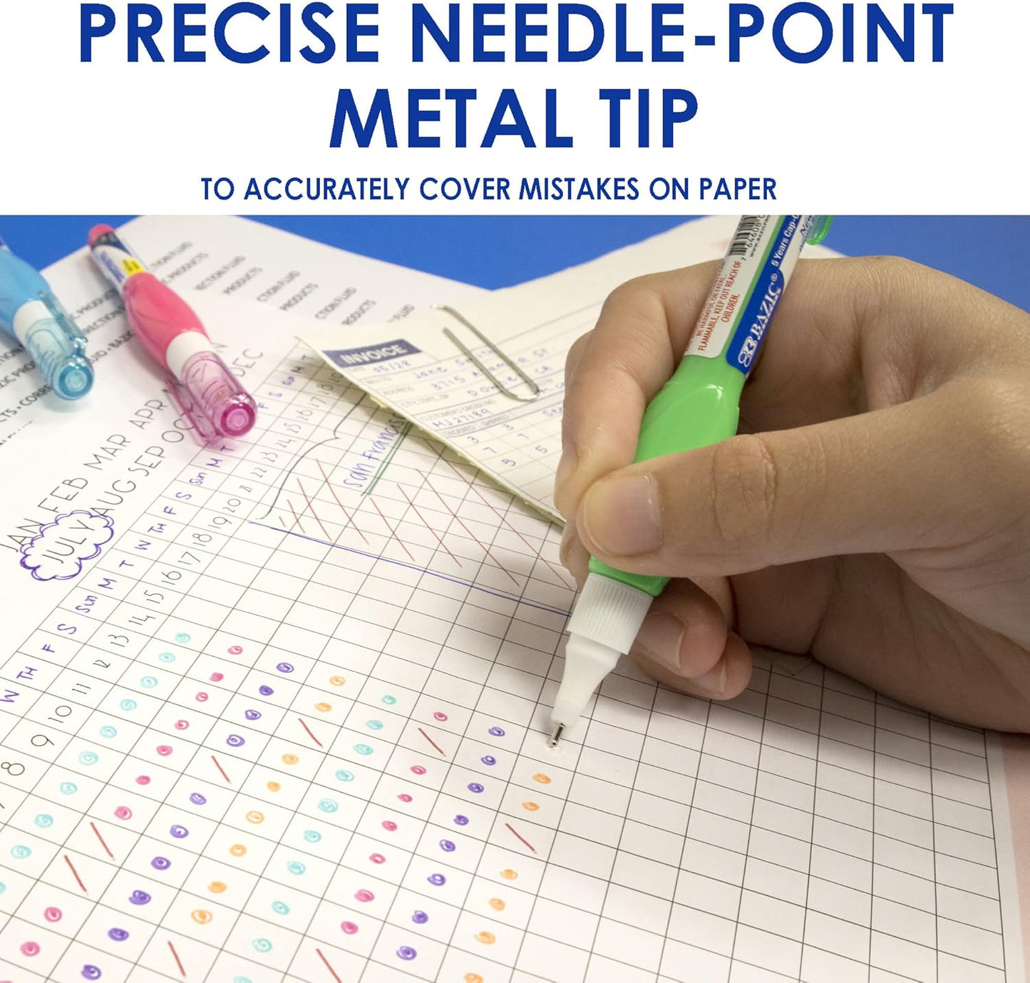 BAZIC Correction Pen (0.1 oz / 3 ml), Precise Metal Tip Applicator, Fine Point Corrections Fluid, Squeeze White Out Wipe Out Liquid (3/Pack), 24-Packs