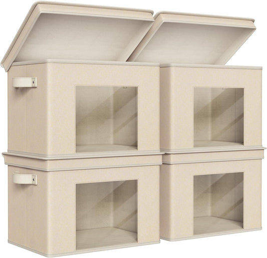 Univivi Foldable Fabric Storage Boxes Large Storage Bins with Lids [4-Pack] Collapsible Storage Cubes Organizer Containers Organization Baskets for Home, Bedroom, Closet (Beige, 17“ x 12” x 12")