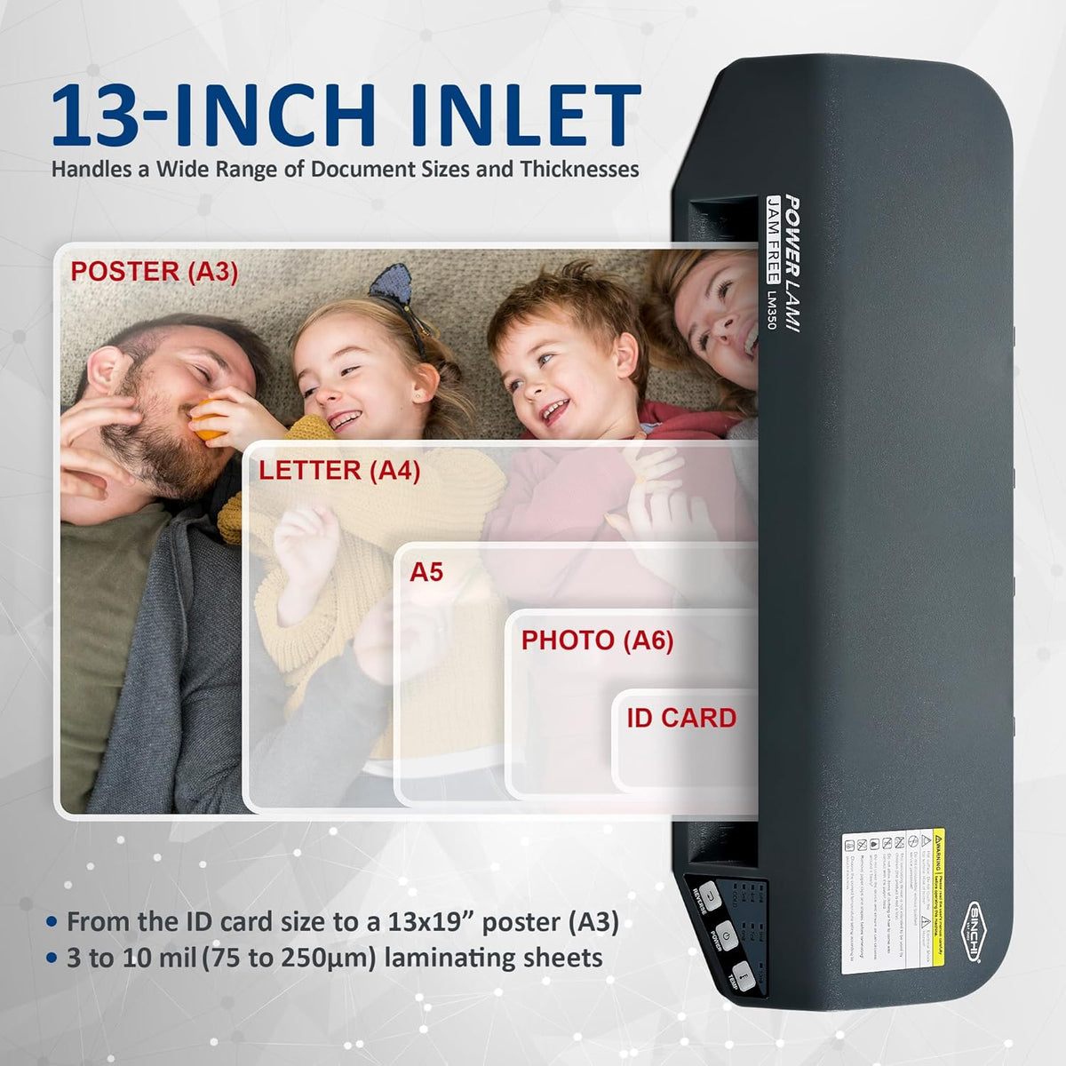 SINCHI 13" Thermal Laminator – 3–10 Mil, 48s Warm-Up, 17s/Sheet, Heavy Duty, Never Jam, Supports 10 Mil Pouches with Cardstock & Dark Prints – Includes 10 Sheets, Ideal for Office & Professional Use