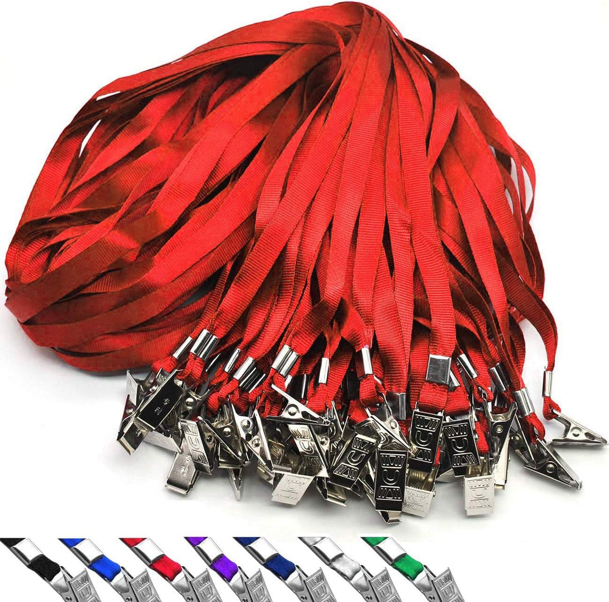 Beebel Red Lanyards 100 Pack Nylon Flat Badge Lanyard Bulldog Clip for Id Badge Name Tag (Red, 100 Pack)