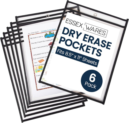 Essex Wares - 6 Pack, Black, Dry Erase Pocket Document Protectors, 10" Wide x 13.5" Tall - Dry Erase Clear Plastic Sleeves - Reusable & Easy Erase Plastic Invoice Holders, Water-Resistant & Durable
