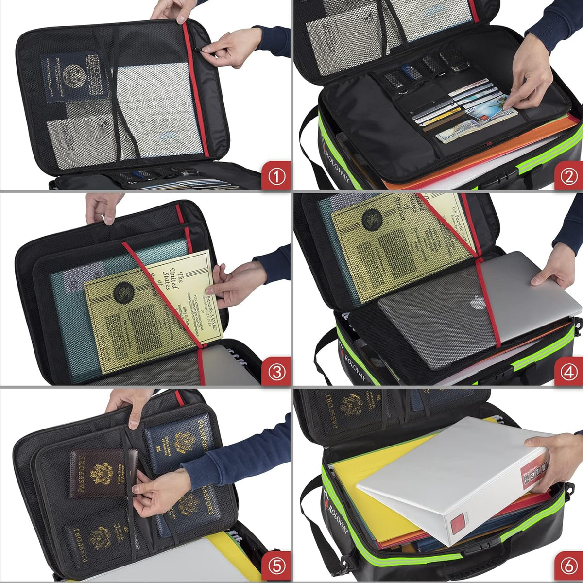 ROLOWAY Fireproof Document Bag with Lock & Reflective Strip (17 x 11.8 x 5 inch), Important Document Storage Bag with Multi-Layer File Organizers (Black)