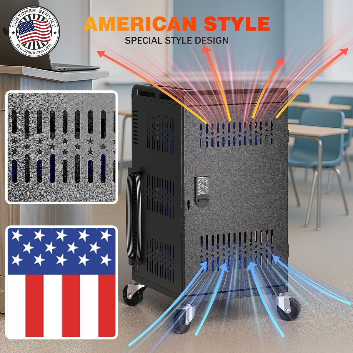 Fully Assembled 30 Bay Mobile Charging and Storage Cart for iPad, Chromebook and Laptop Computer with Keypad Lock,Up to 14-in Screen Size,Surge Protection,Front & Back Access Locking Cabinet