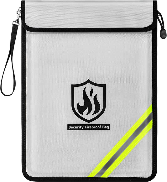 Fireproof Document Bag, 15 x 11 Inch Waterproof Documents Holder 2000℉ Safe for Important File Money Cash Legal Papers, Two Pockets Dual Zippered File Bag with Hand-held Strap & Reflective Strip