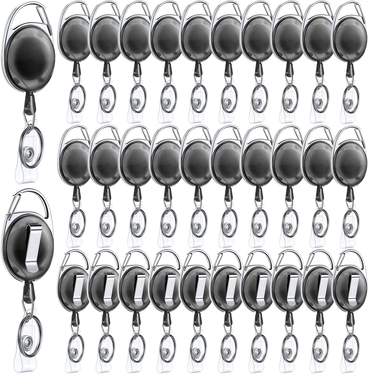 Honoson 30 Pcs Heavy Duty Retractable Badge Reels Batch ID Badge Holder Retractable Clip Bulk Key Holder with Ring for Office Worker Employee, Doctor Nurse Gifts (Transparent Black)