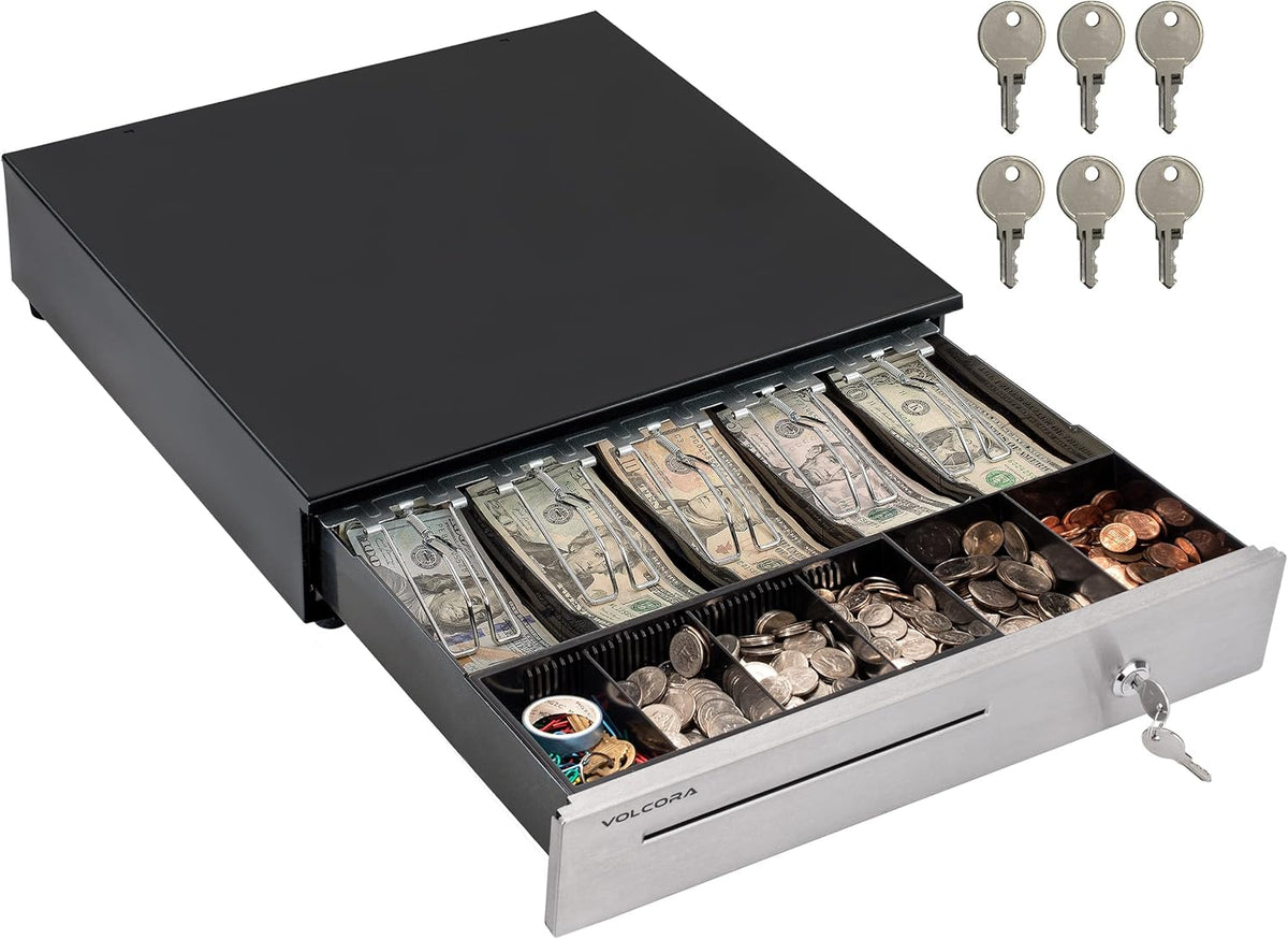 Volcora Cash Register Drawer for (POS) Point of Sale System 16", Stainless Steel Removable Coin Tray, 5 Bill/6 Coin, 24V, RJ11/RJ12 Key-Lock, Media Slot,Cash Till, Money Drawer for Businesses, Black