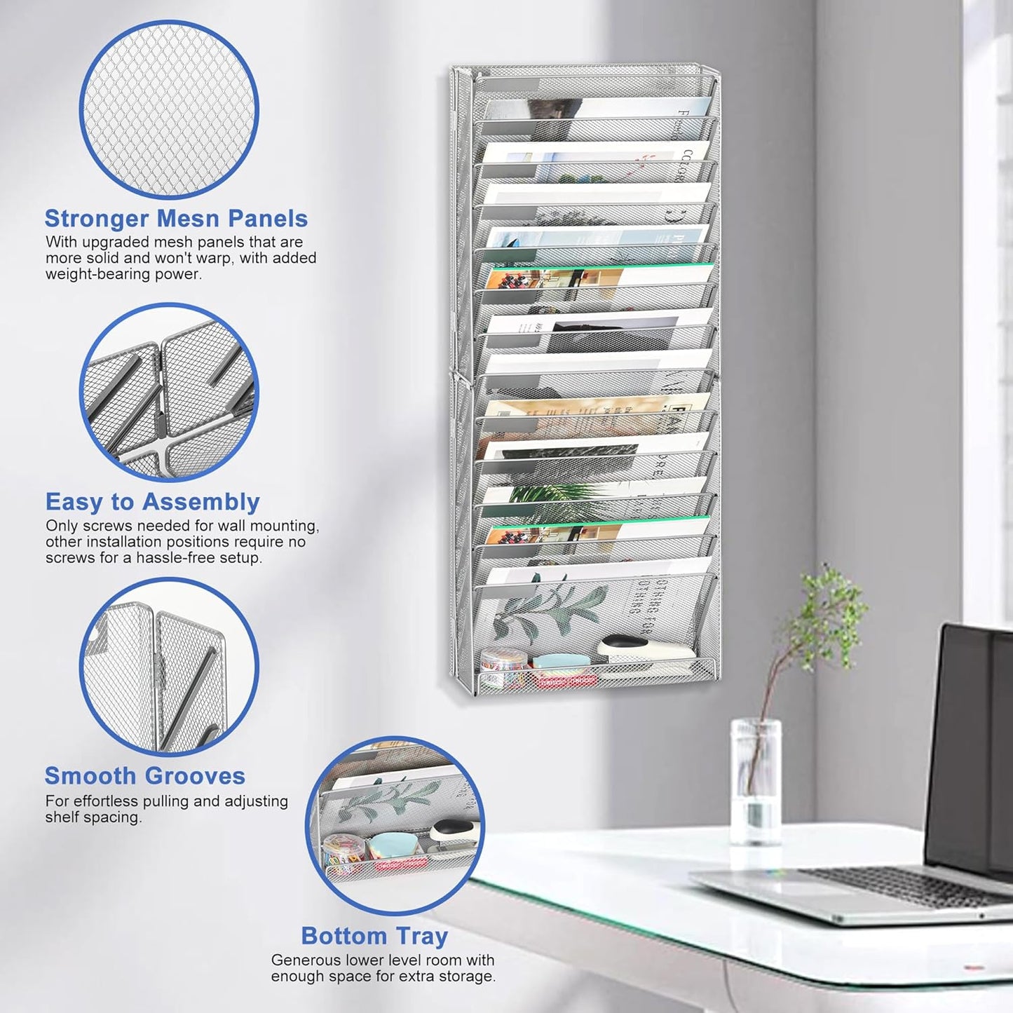 EasyPAG Wall File Holder Organizer 14 Tier Mesh Hanging Wall Mounted Document Paper Folder Filing Magazine Rack with Nametag Label for Office Home School, Silver