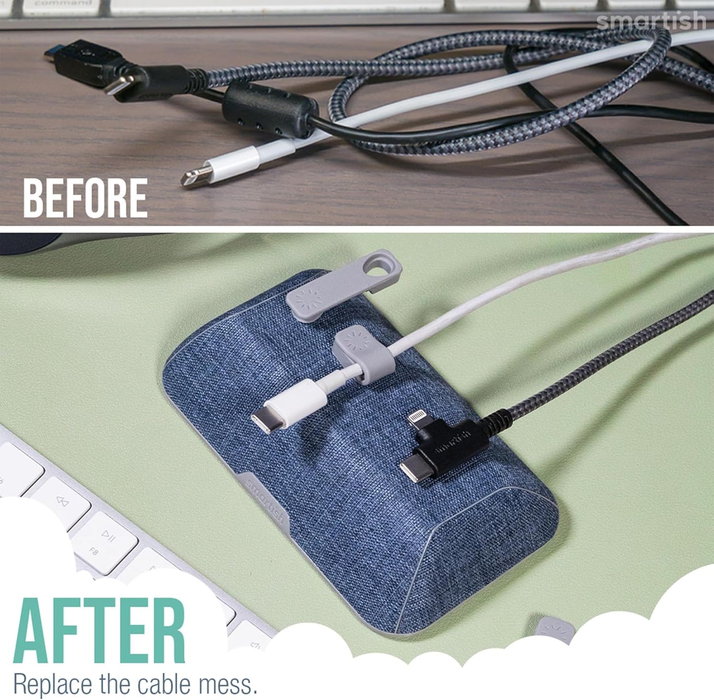 Smartish® Magnetic Cord Holder - Bigger Cable Wrangler Organizer with Magnet Clips for Charger Management on Desktop, Nightstand, or Side Table - Holds 6+ Cables - Blue Jeanie