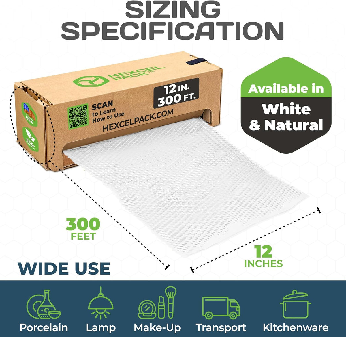 HexcelWrap Mini - Honeycomb Packing Paper, Eco-Friendly, Sustainable Paper Bubble Wrap for Shipping & Moving, Cushioned Packing Material in Dispenser - White, Pallet of 112, 12" x 300'