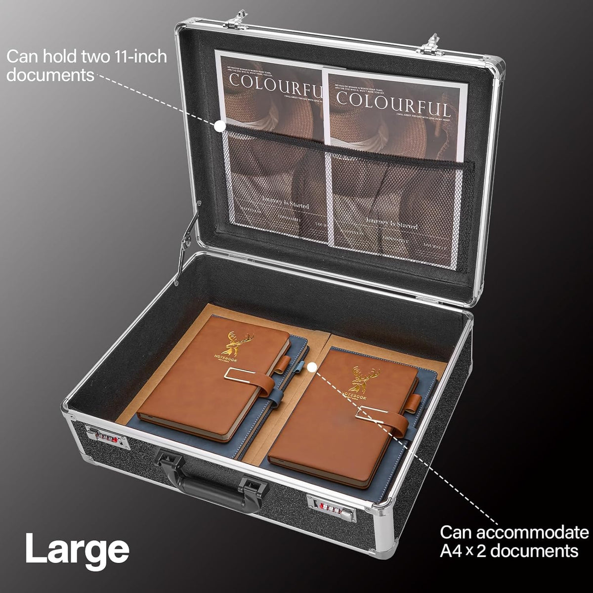 File Organizer Storage Box - 18.8 x 14.5 x 6.2 Inch X-Large, Portable Locking Storage Totes with Dual Combination Locks, Lock Boxes for Personal Items, Cash, Briefcase - Black