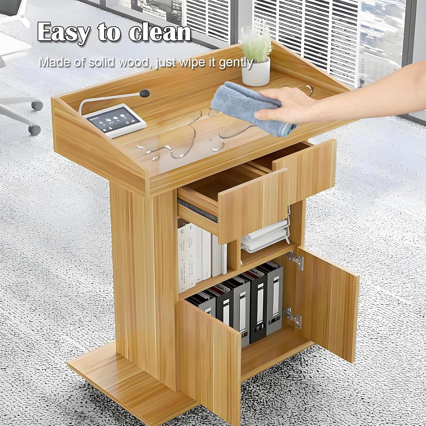 Solid Wooden Podium Stand Podiums for Classroom Lectern Podium Stand Wood Church Pulpit with 3 Levels of Storage and Heightened Baffles (Wood Color, 39.4in)