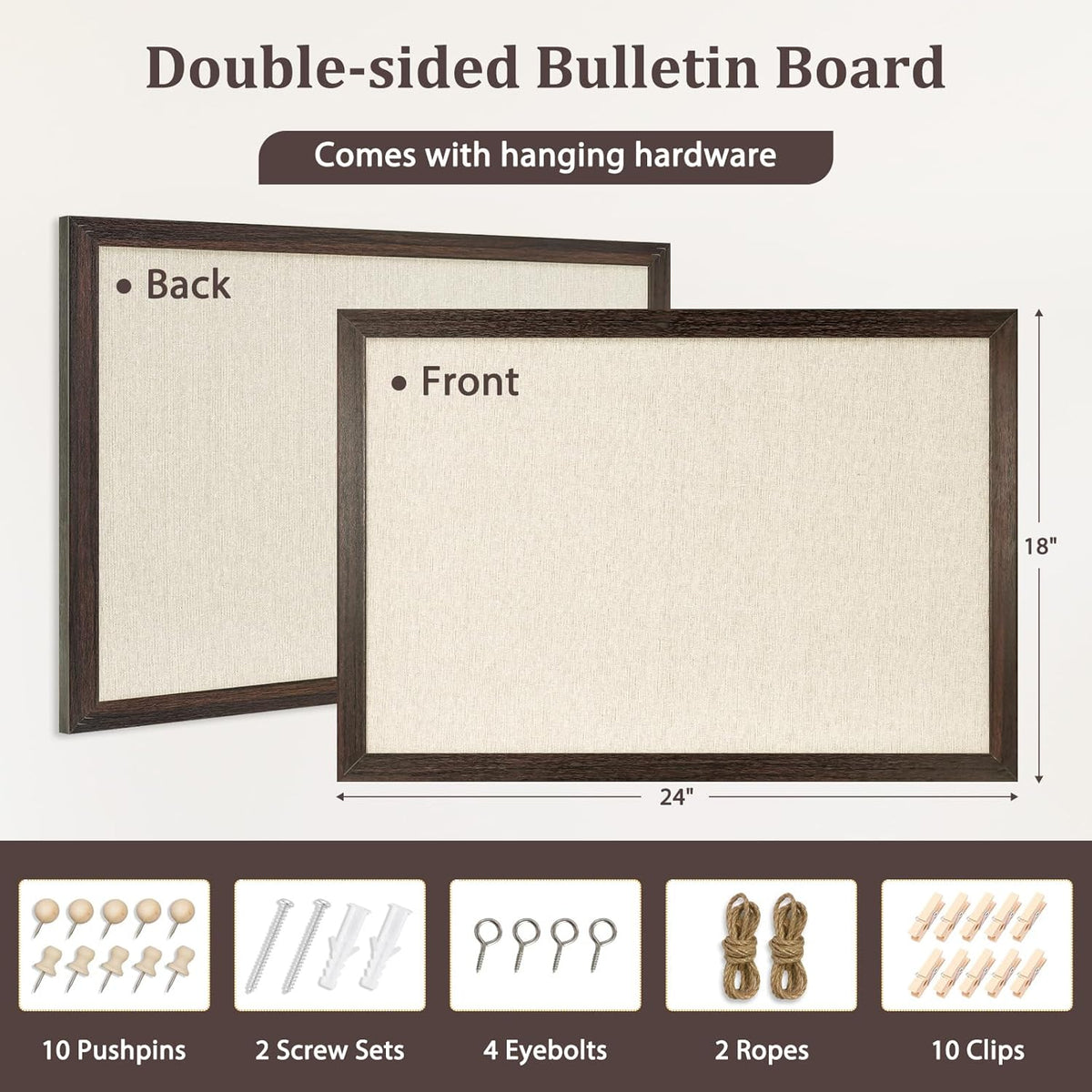 DOLLAR BOSS Bulletin Board with Linen 24'' x 18'' Wood Framed Cork Boards for Walls, Photo Display Pin Board, Decorative Corkboard for Office Home School Dorm Decor with 10 Pushpins, Dark Walnut