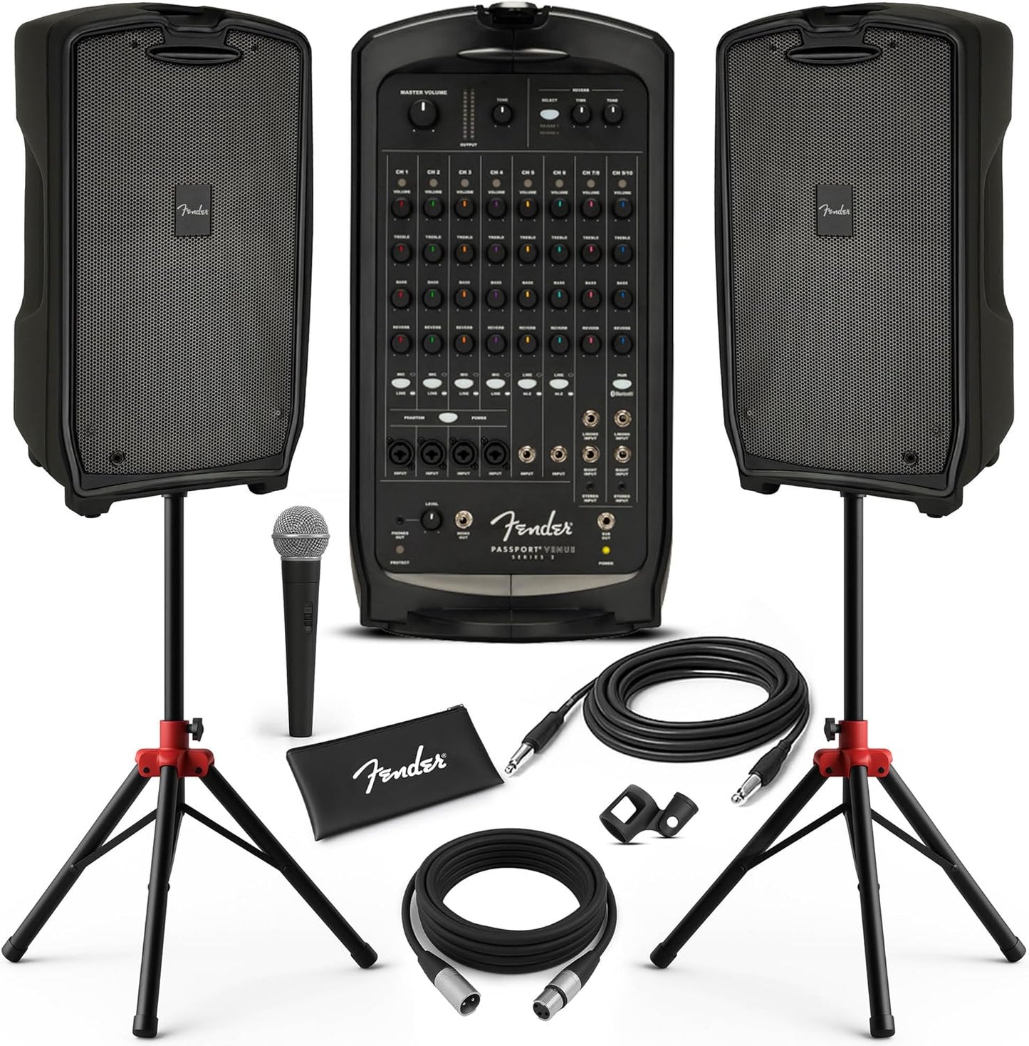Fender Passport Venue S2 Portable PA System Bundle with Compact Speaker Stands, Microphone, Mic Stand Clip, XLR Cable, and Instrument Cable