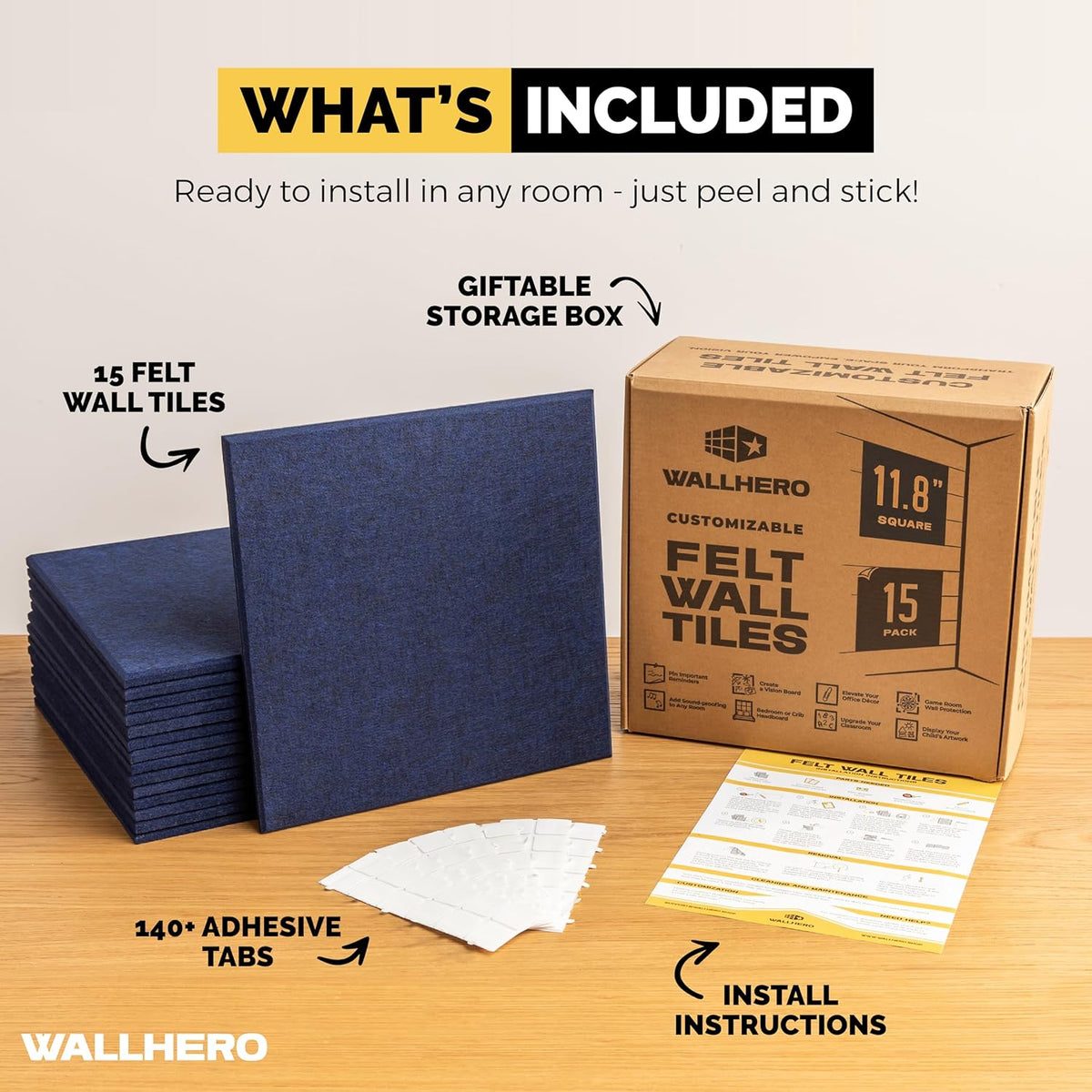 Large Cork Board Alternative | 15 Pack | Sizing Up to 59”x36”, Felt Wall Tiles, Office Wall Decor, Large Cork Boards for Walls, Corkboard, Cork Board for Office, Pin Board, Blue
