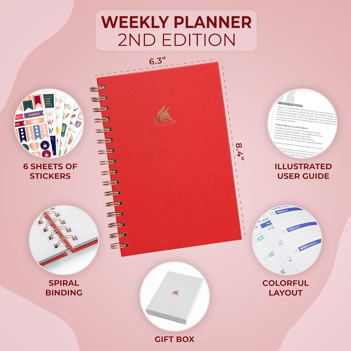 Clever Fox Planner 2nd Edition Spiral – Colorful Weekly & Monthly Goal Planner, Time Management & Productivity Organizer, Undated (Red)