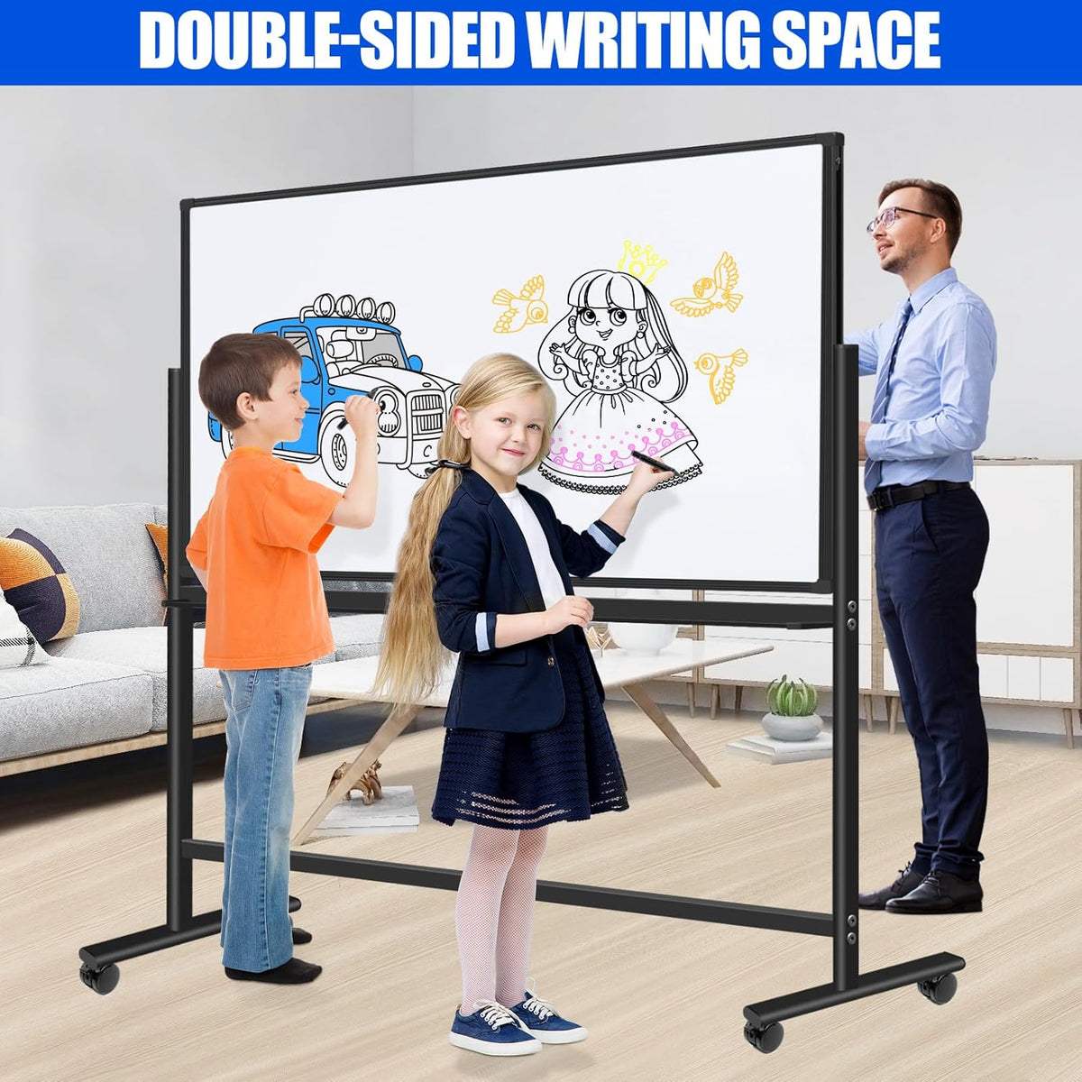 Magnetic Mobile Whiteboard 72 X 48 Rolling White Boards on Wheels, Large Double-Sided 6' x 4' Dry Erase Board with Stand, Standing White Board with Eraser & Marker & Magnet & Magnetic Calendar