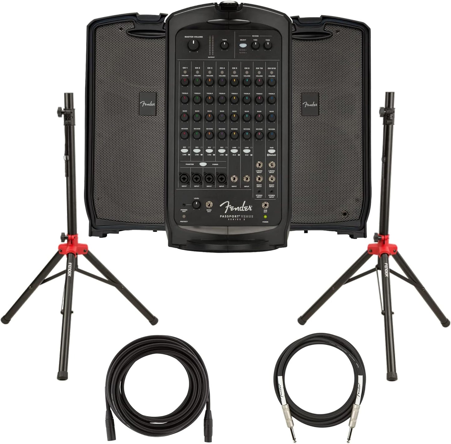 Fender Passport Venue S2 Portable PA System Bundle with Compact Speaker Stands, XLR Cable, and Instrument Cable