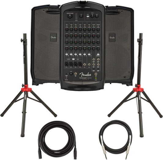 Fender Passport Venue S2 Portable PA System Bundle with Compact Speaker Stands, XLR Cable, and Instrument Cable