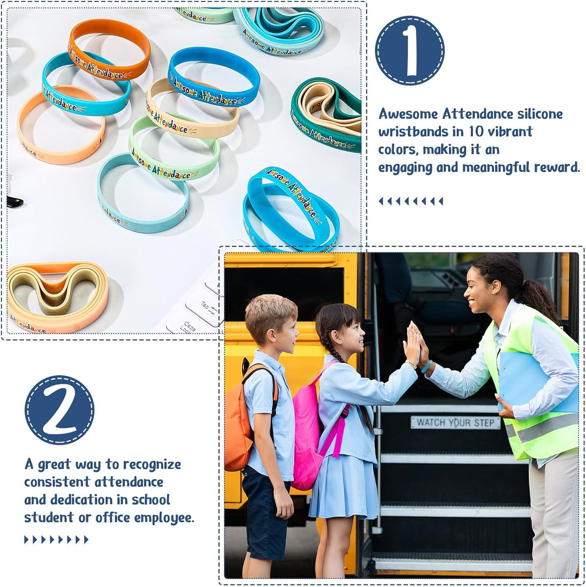 200 Pcs Awesome Attendance Wristbands for Students, Perfect Attendance Awards for Classroom Prizes, Unisex Stretch Silicone Motivational Wristbands for Student from Teacher Classroom Prizes