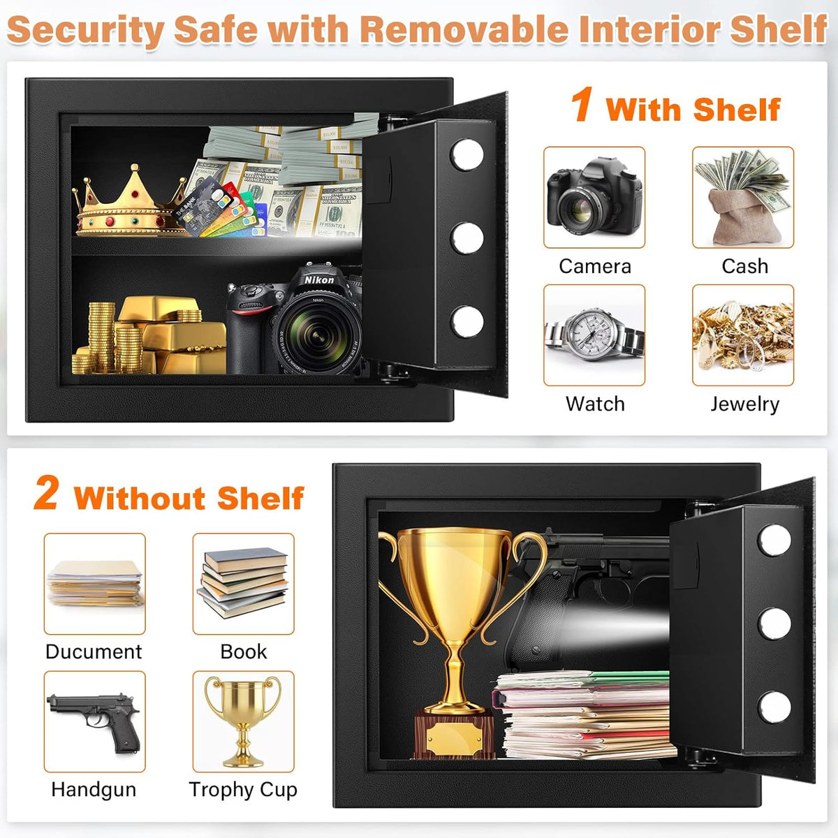 1.2 Cubic Home Safe with Fireproof Bag, Anti-Theft Safe Box for Pistol, Money, Medicine & Documents