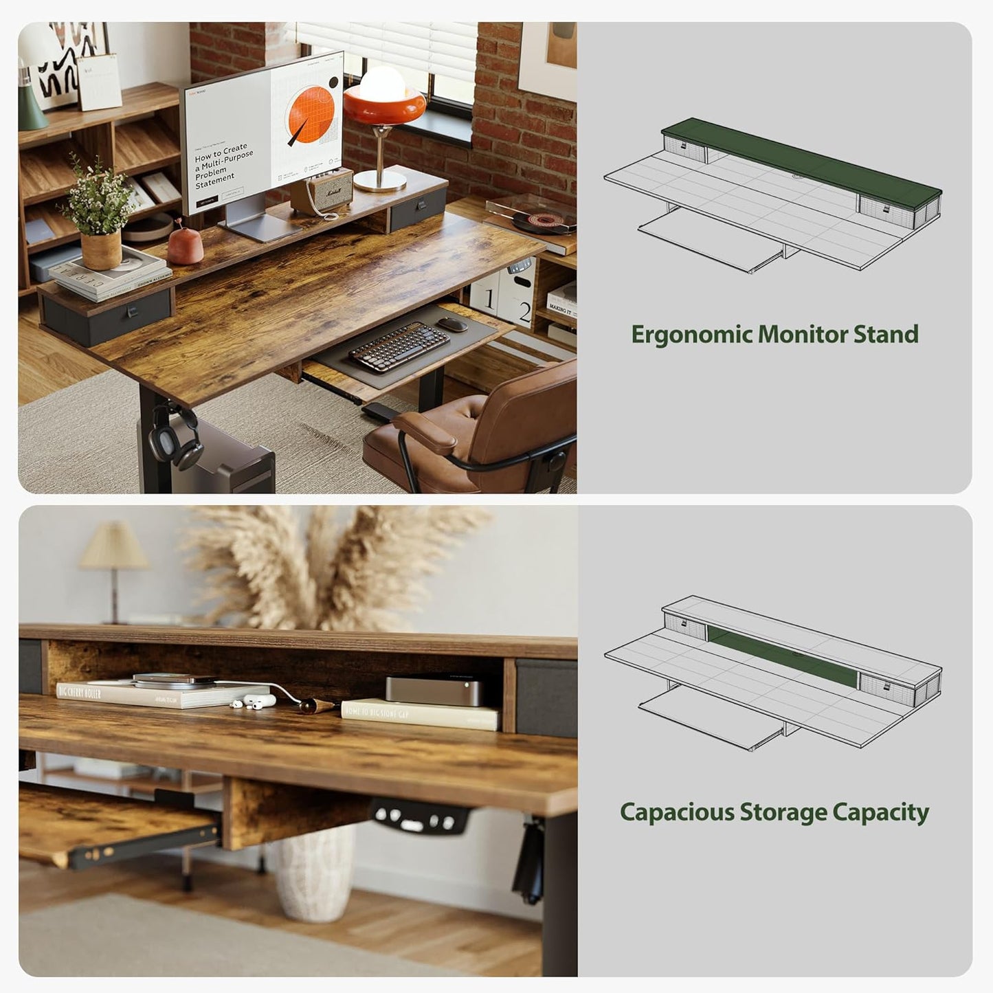 Agilestic Electric Standing Desk with 2 Drawers and Keyboard Tray, 55 x 24 Inches Ergonomic Adjustable Height Desk with Storage, Sit Stand up Computer Workstation, Rustic Brown