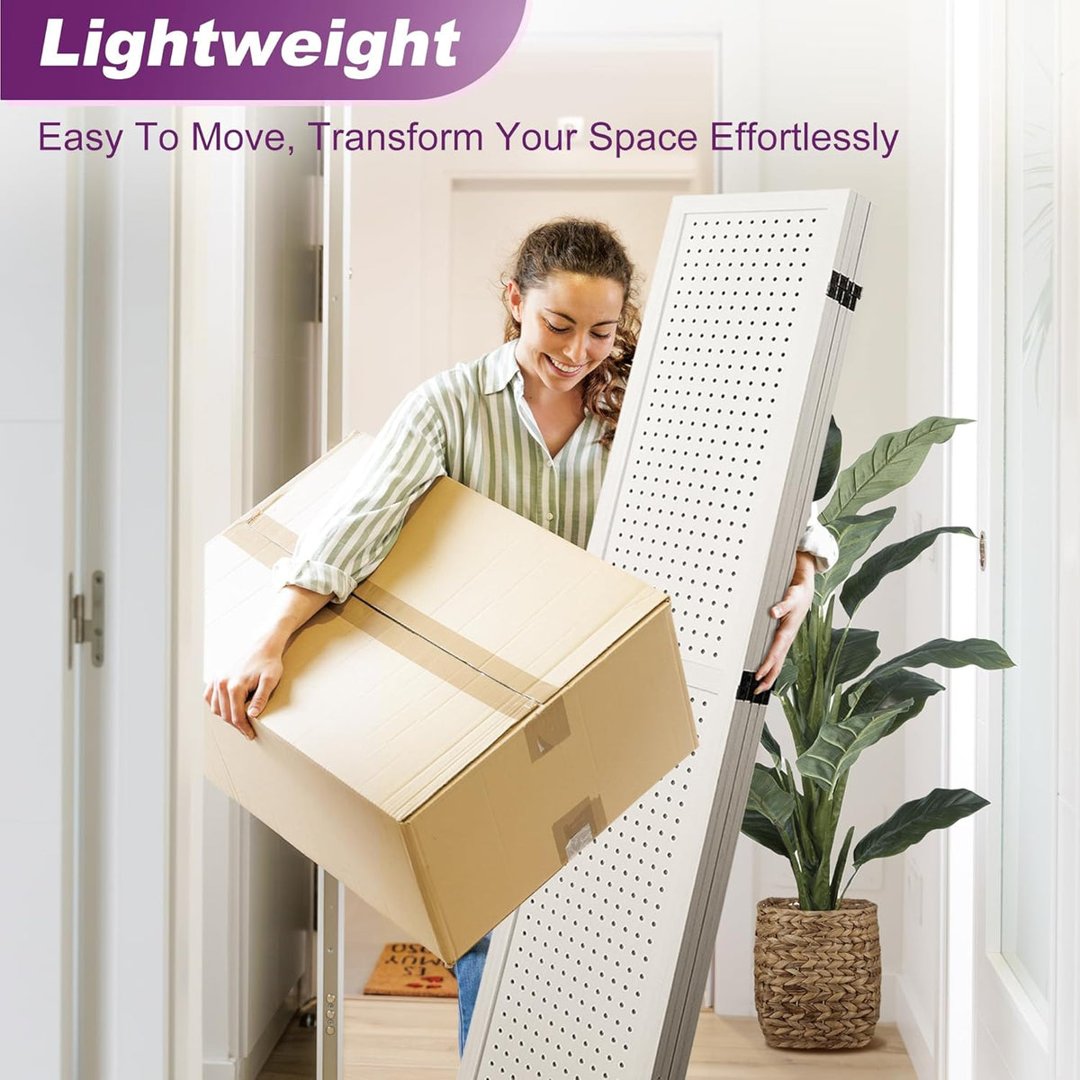 2 Pack Room Divider, 5.6FT Folding Room Divider Panel, 4 Panel Pegboard Display Wood Partition Wall Divider for Room Separation& Craft Shows, White