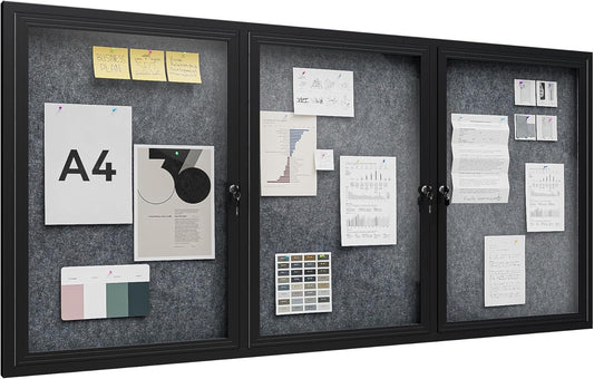 72"x36" Lockable Enclosed Bulletin Board, Outdoor Flet Weather-Resistant Aluminum Frame Notice Board, Wall Mounted Display Case Acrylic Doors for School,Office,Black Frame w/Grey Flet