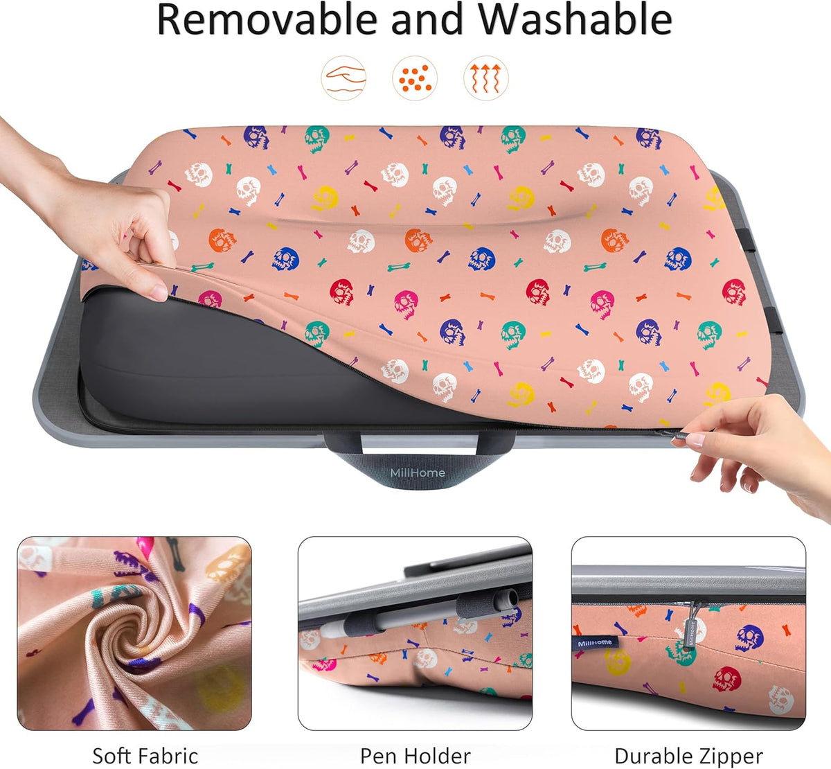Lap Desk | Portable Laptop Desk – Fits Up to 17.3" Laptops – Detachable & Washable Cushion, Phone Holder, Device Ledge – for Writing, Working, Reading on Bed, Couch, Sofa, Floor – Millhome -Peach Pink