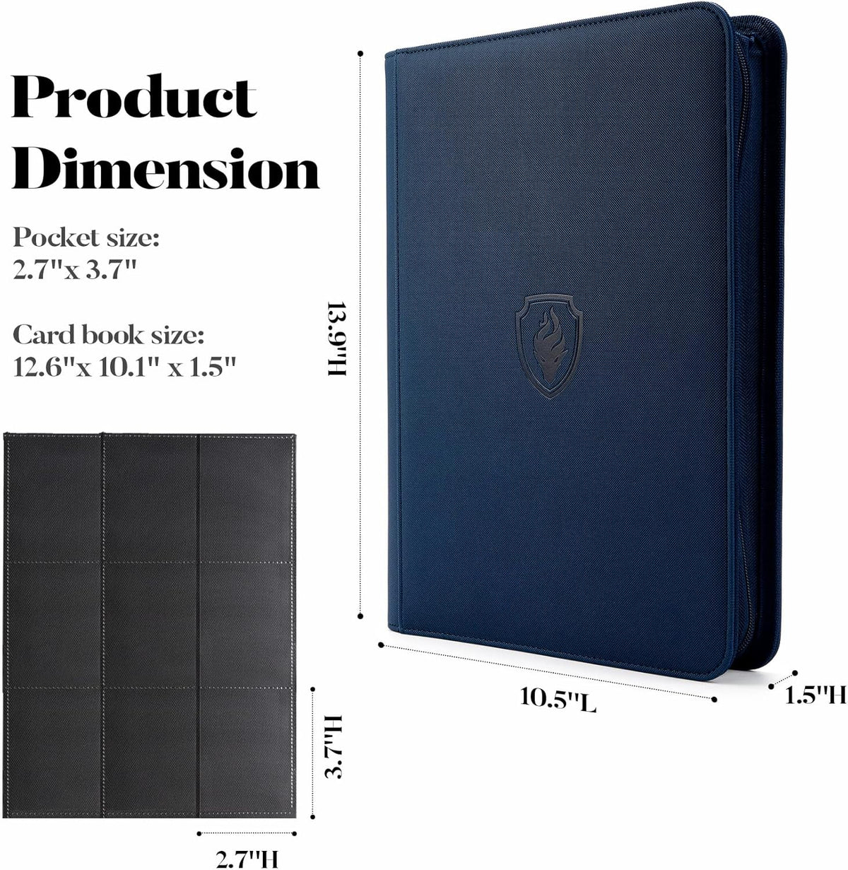 360 9 Pocket Zipper Binder - Premium PU Cover Zip Binder for Trading Cards, MTG, TCG, Sports Cards, Navy Blue